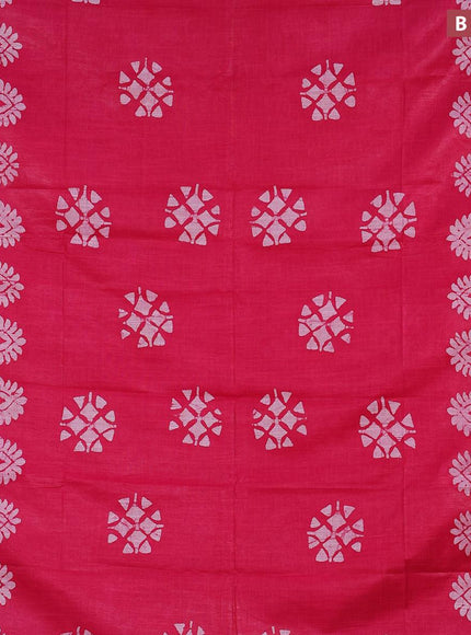 Linen cotton saree pink with allover batik butta prints and silver zari woven border