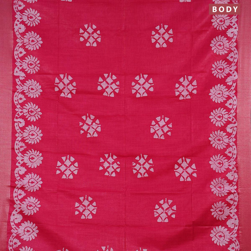 Linen cotton saree pink with allover batik butta prints and silver zari woven border