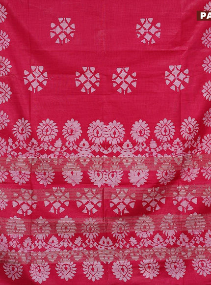 Linen cotton saree pink with allover batik butta prints and silver zari woven border