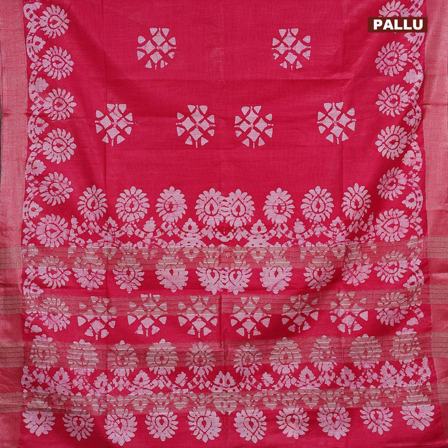 Linen cotton saree pink with allover batik butta prints and silver zari woven border