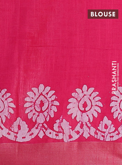 Linen cotton saree pink with allover batik butta prints and silver zari woven border