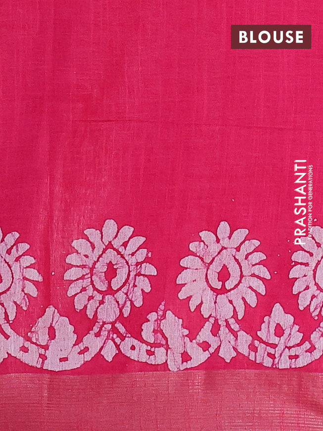 Linen cotton saree pink with allover batik butta prints and silver zari woven border