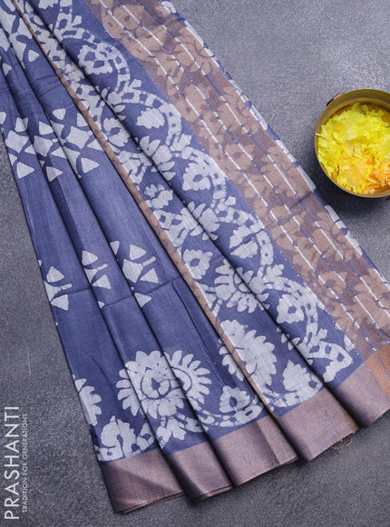 Linen cotton saree grey with allover batik butta prints and silver zari woven border