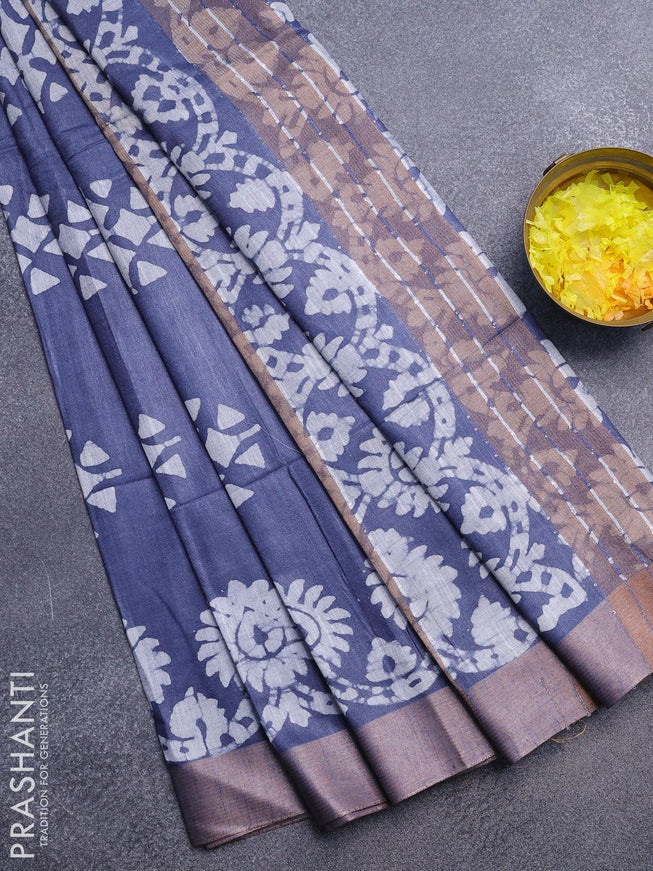 Linen cotton saree grey with allover batik butta prints and silver zari woven border