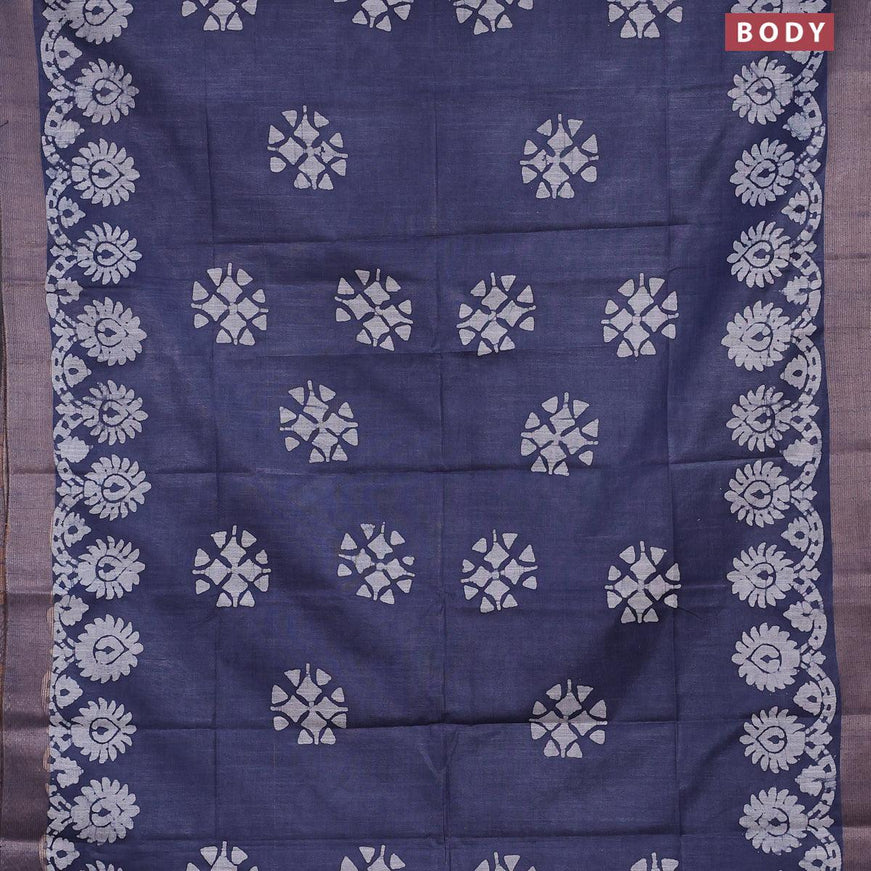 Linen cotton saree grey with allover batik butta prints and silver zari woven border