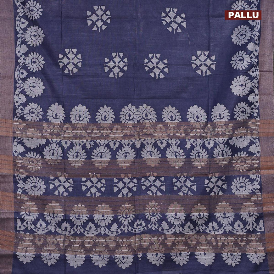 Linen cotton saree grey with allover batik butta prints and silver zari woven border