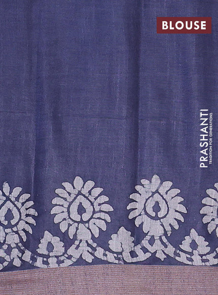 Linen cotton saree grey with allover batik butta prints and silver zari woven border