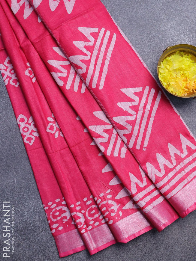 Linen cotton saree pink with allover batik butta prints and silver zari woven border