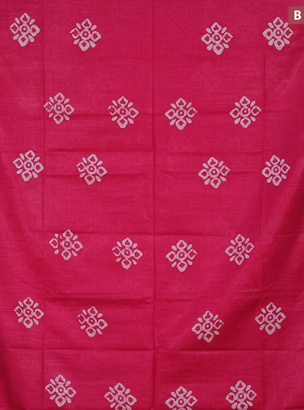 Linen cotton saree pink with allover batik butta prints and silver zari woven border