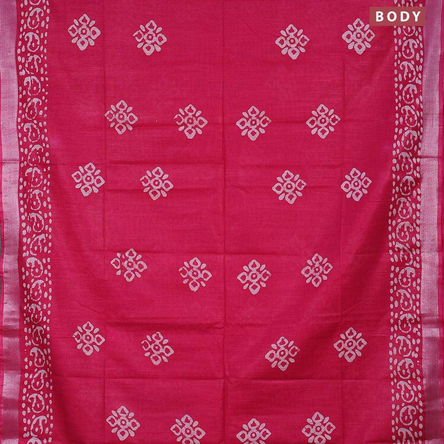 Linen cotton saree pink with allover batik butta prints and silver zari woven border