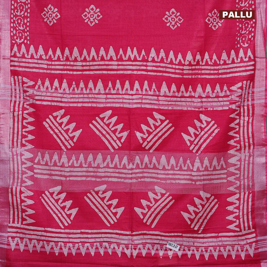 Linen cotton saree pink with allover batik butta prints and silver zari woven border