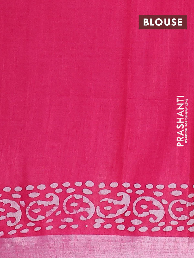 Linen cotton saree pink with allover batik butta prints and silver zari woven border