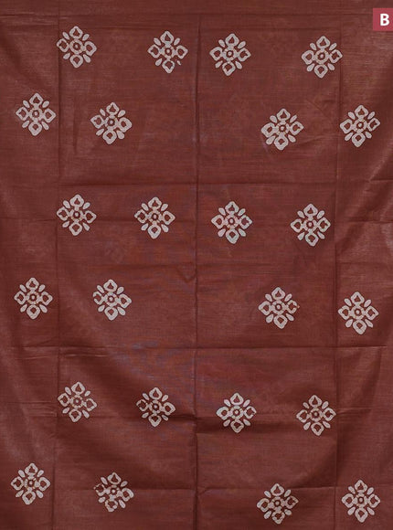 Linen cotton saree brown shade with allover batik butta prints and silver zari woven border