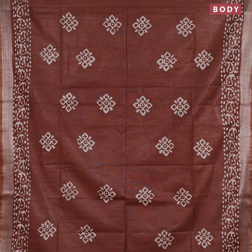 Linen cotton saree brown shade with allover batik butta prints and silver zari woven border