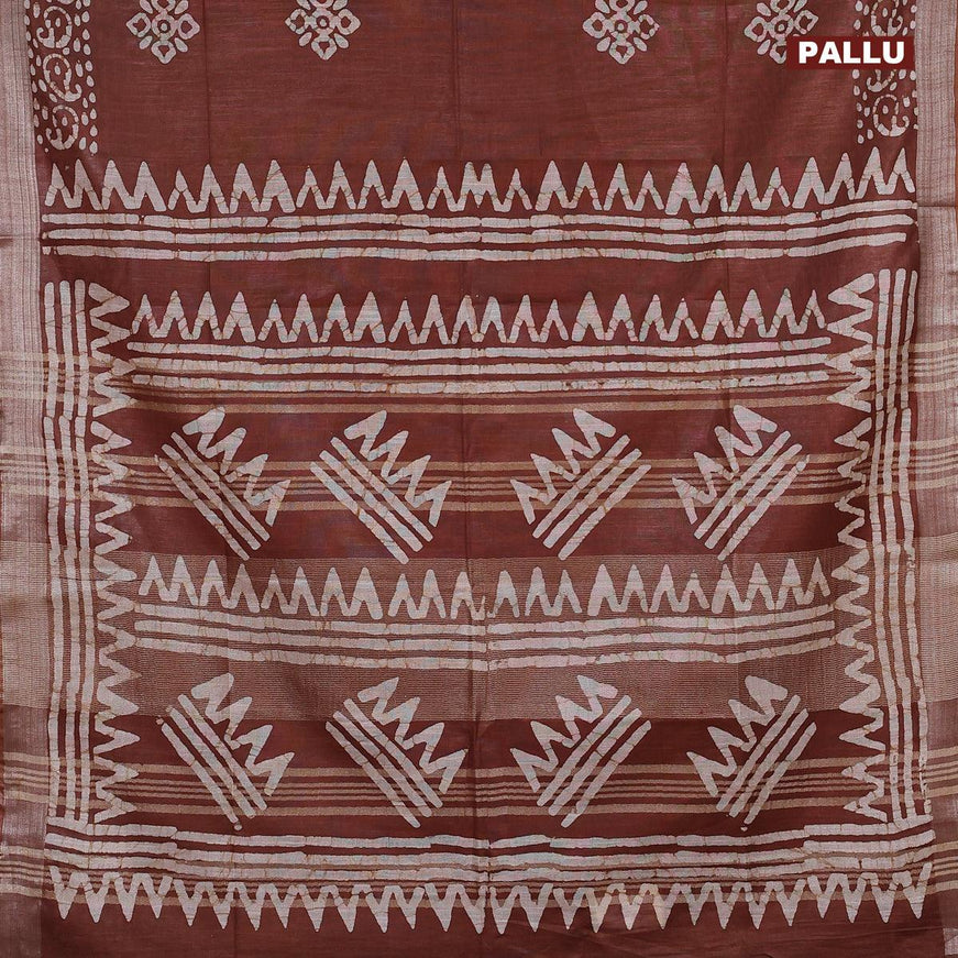 Linen cotton saree brown shade with allover batik butta prints and silver zari woven border