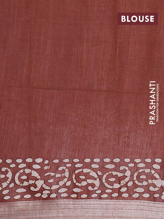 Linen cotton saree brown shade with allover batik butta prints and silver zari woven border