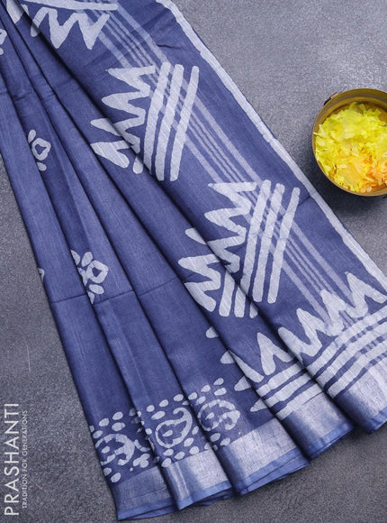 Linen cotton saree grey with allover batik butta prints and silver zari woven border