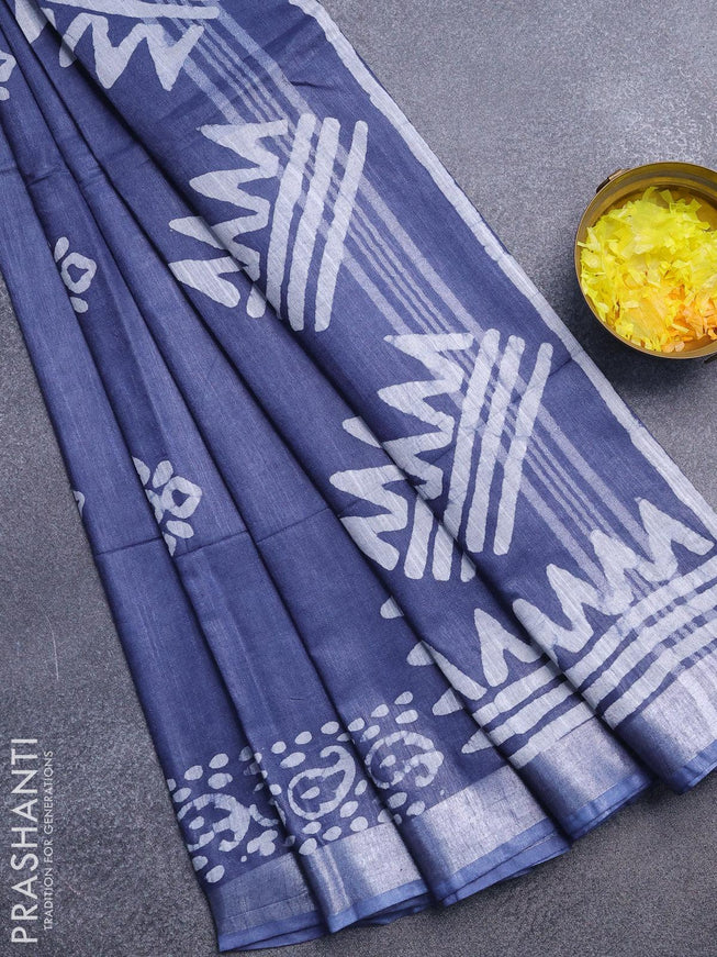 Linen cotton saree grey with allover batik butta prints and silver zari woven border