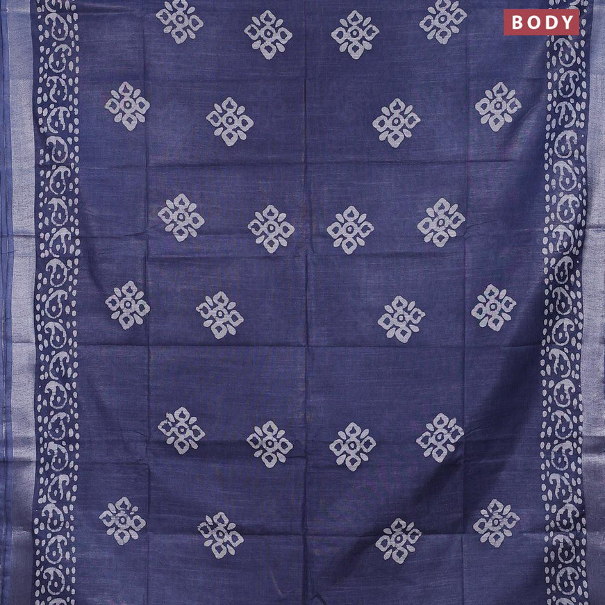 Linen cotton saree grey with allover batik butta prints and silver zari woven border