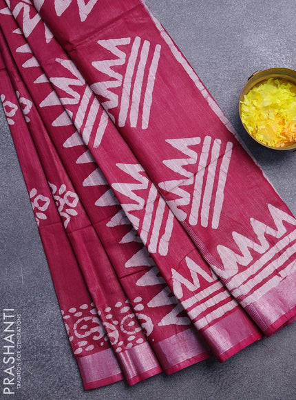 Linen cotton saree dark magenta with allover batik butta prints and silver zari woven border