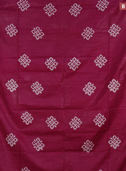 Linen cotton saree dark magenta with allover batik butta prints and silver zari woven border