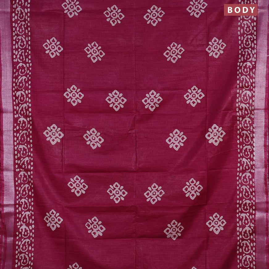 Linen cotton saree dark magenta with allover batik butta prints and silver zari woven border