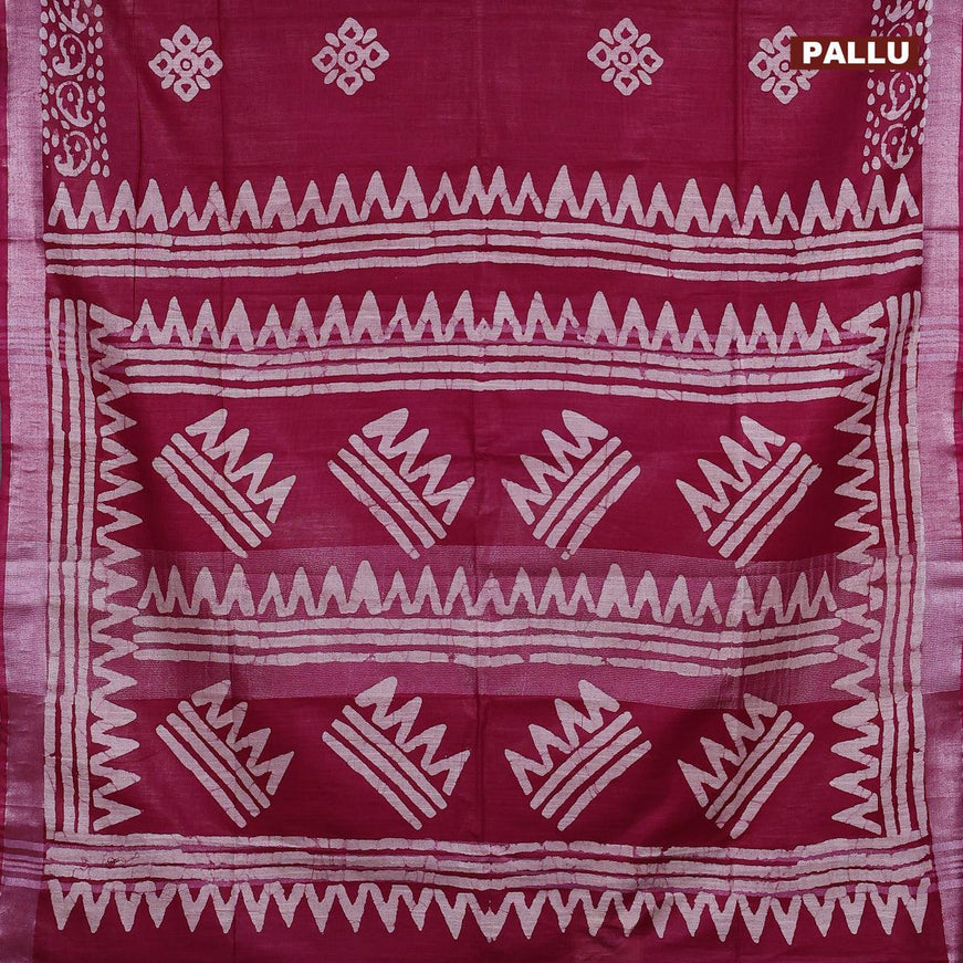 Linen cotton saree dark magenta with allover batik butta prints and silver zari woven border