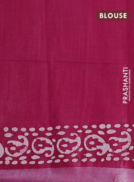 Linen cotton saree dark magenta with allover batik butta prints and silver zari woven border