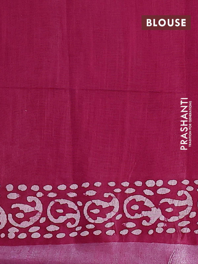 Linen cotton saree dark magenta with allover batik butta prints and silver zari woven border