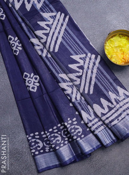 Linen cotton saree navy blue with allover batik butta prints and silver zari woven border