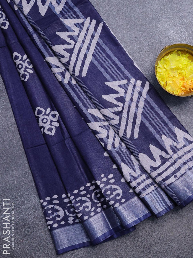 Linen cotton saree navy blue with allover batik butta prints and silver zari woven border