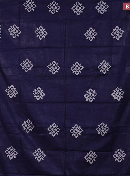 Linen cotton saree navy blue with allover batik butta prints and silver zari woven border