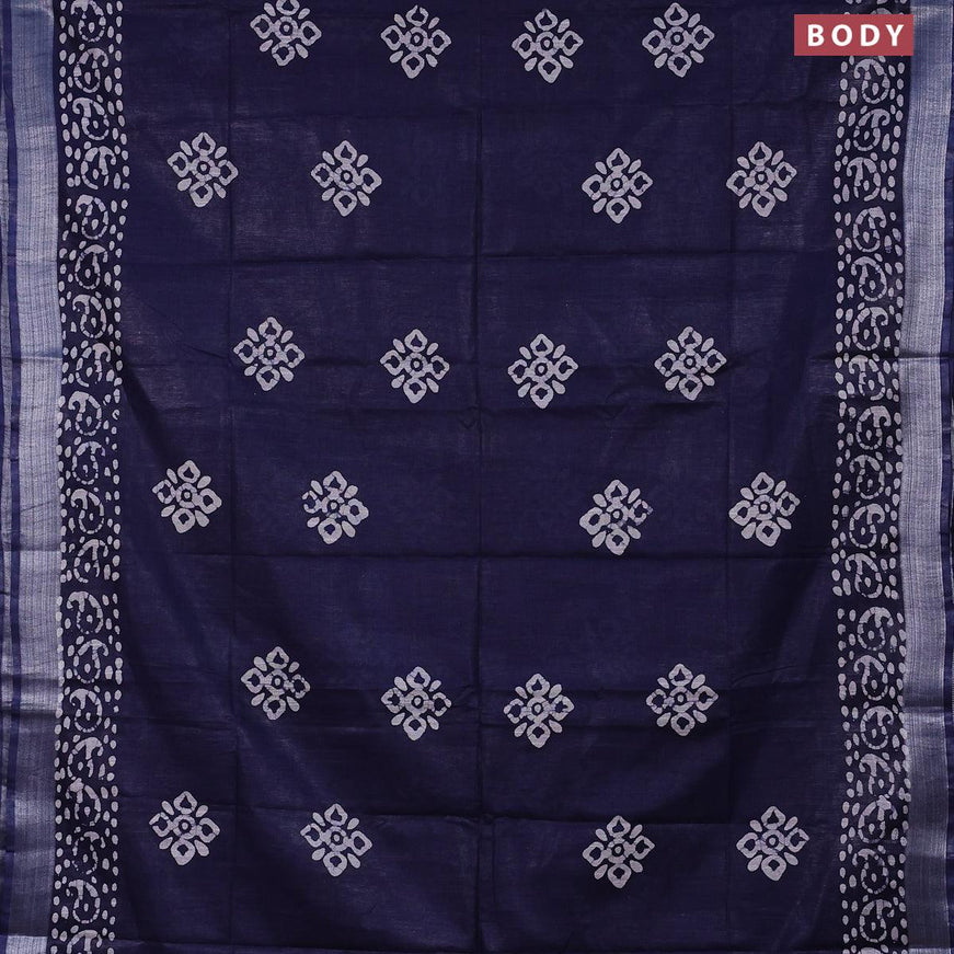 Linen cotton saree navy blue with allover batik butta prints and silver zari woven border