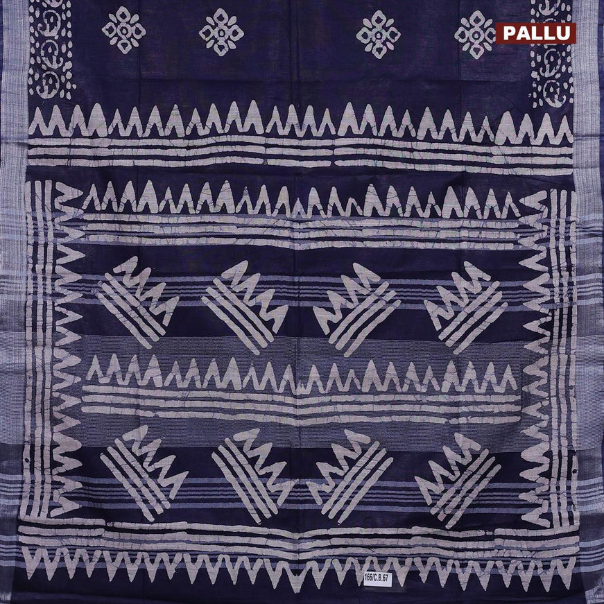 Linen cotton saree navy blue with allover batik butta prints and silver zari woven border