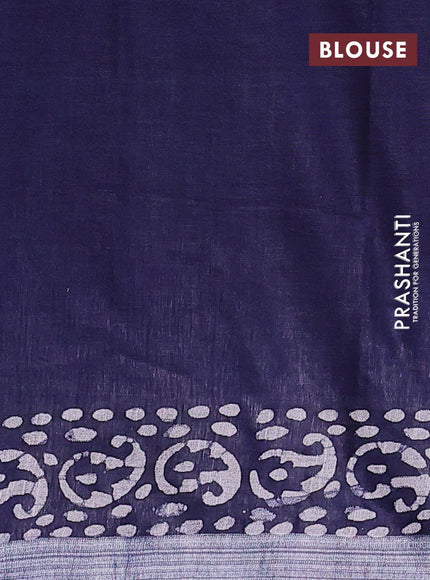 Linen cotton saree navy blue with allover batik butta prints and silver zari woven border