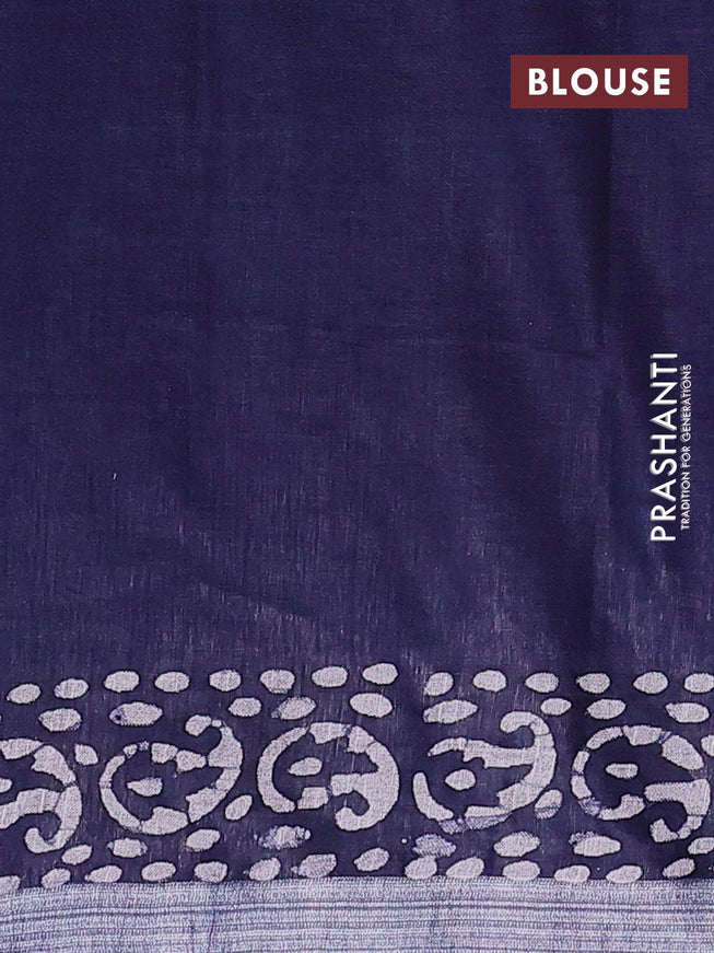 Linen cotton saree navy blue with allover batik butta prints and silver zari woven border