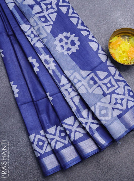 Linen cotton saree blue with allover batik butta prints and silver zari woven border