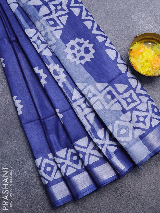 Linen cotton saree blue with allover batik butta prints and silver zari woven border