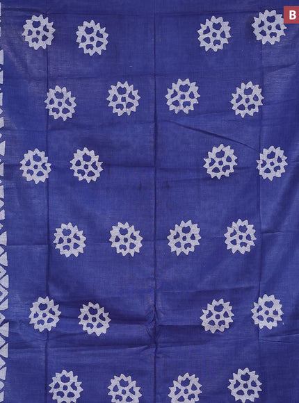 Linen cotton saree blue with allover batik butta prints and silver zari woven border