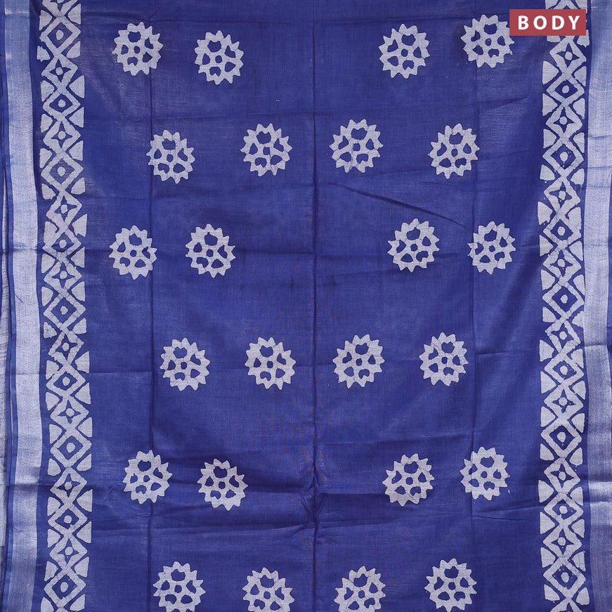 Linen cotton saree blue with allover batik butta prints and silver zari woven border