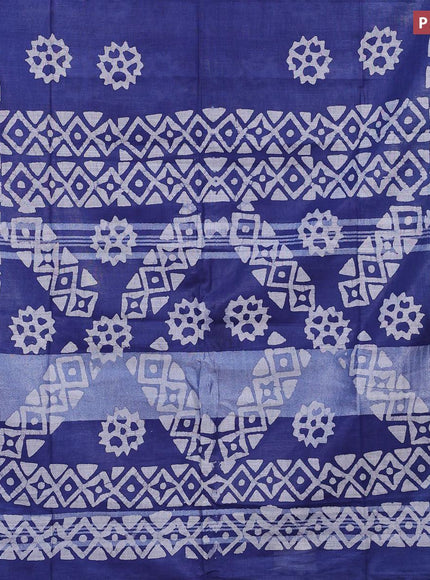 Linen cotton saree blue with allover batik butta prints and silver zari woven border