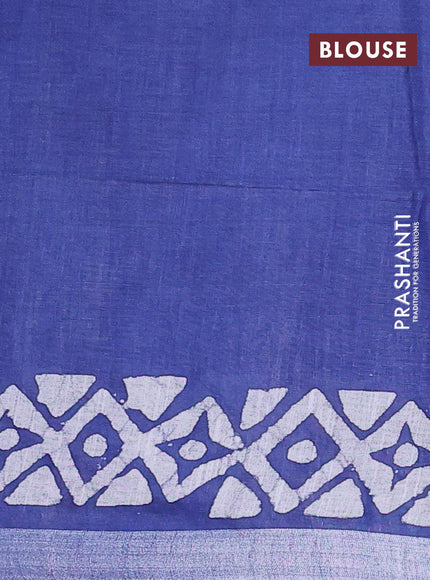 Linen cotton saree blue with allover batik butta prints and silver zari woven border