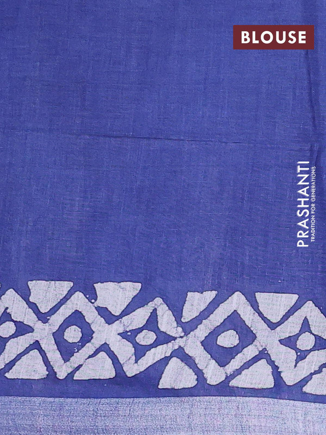 Linen cotton saree blue with allover batik butta prints and silver zari woven border