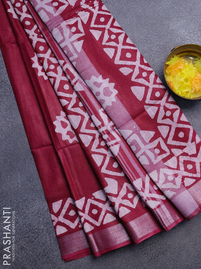 Linen cotton saree maroon with allover batik butta prints and silver zari woven border