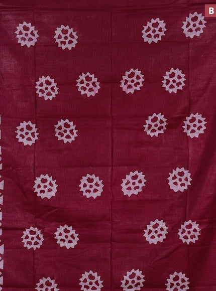 Linen cotton saree maroon with allover batik butta prints and silver zari woven border