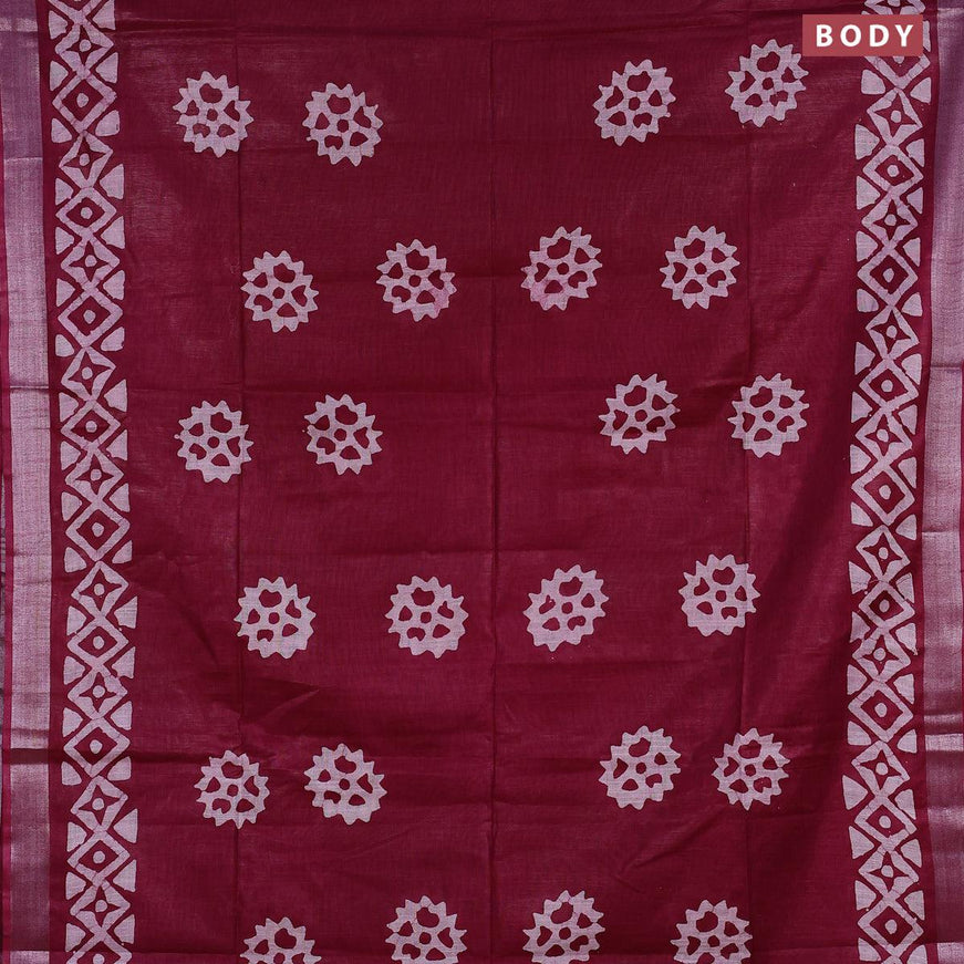 Linen cotton saree maroon with allover batik butta prints and silver zari woven border