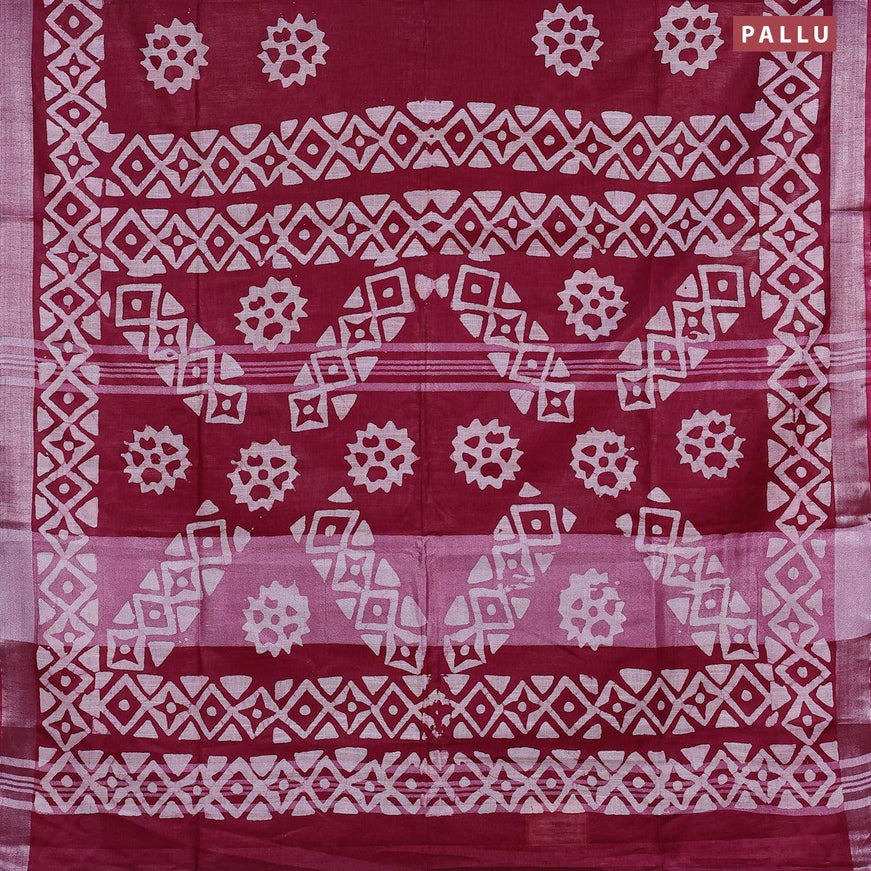 Linen cotton saree maroon with allover batik butta prints and silver zari woven border