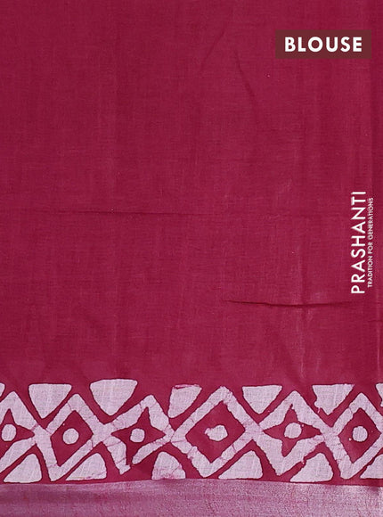 Linen cotton saree maroon with allover batik butta prints and silver zari woven border