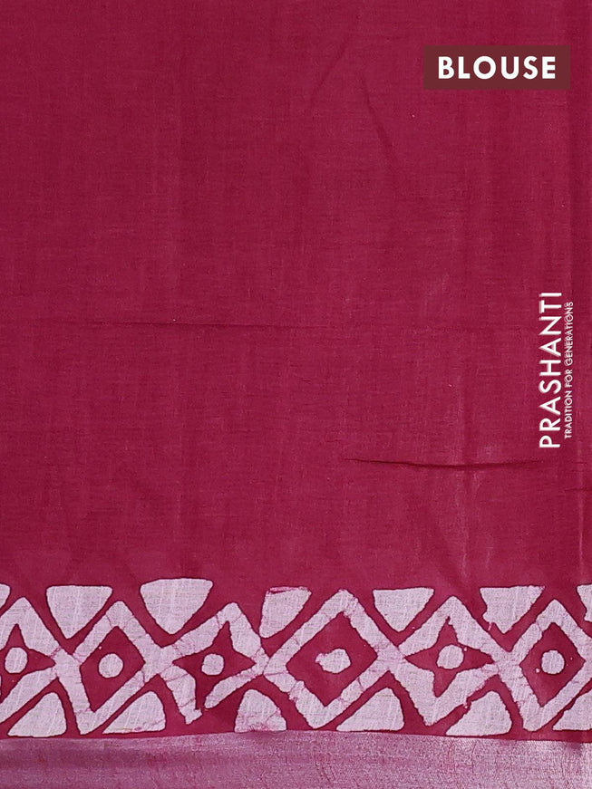 Linen cotton saree maroon with allover batik butta prints and silver zari woven border