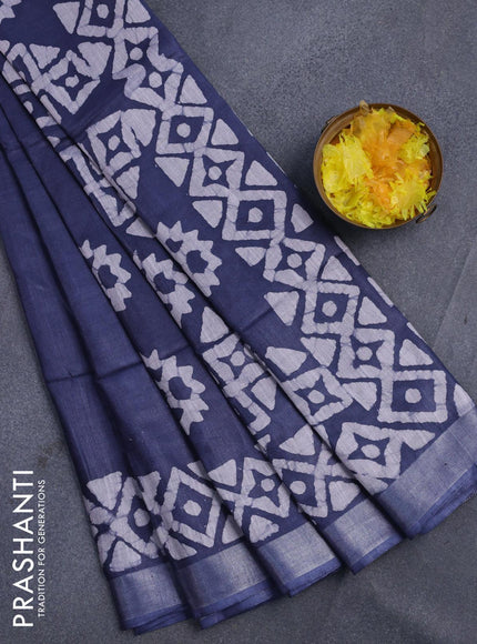 Linen cotton saree grey with allover batik butta prints and silver zari woven border